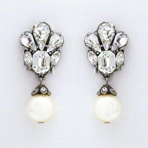 Ben Amun Wedding Earrings, Clip-On Pearl Drops with Crystal Cluster